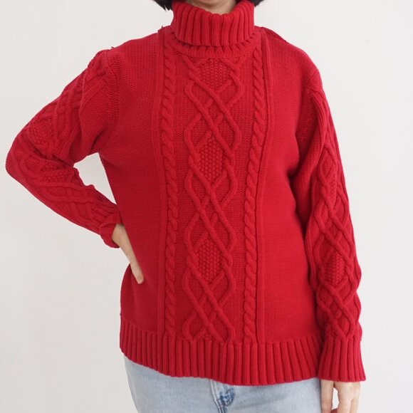 Eddie Bauer Red Knit Cotton Blend Cable Knit Fisherman Turtleneck Sweater Xl - Picture 1 of 10